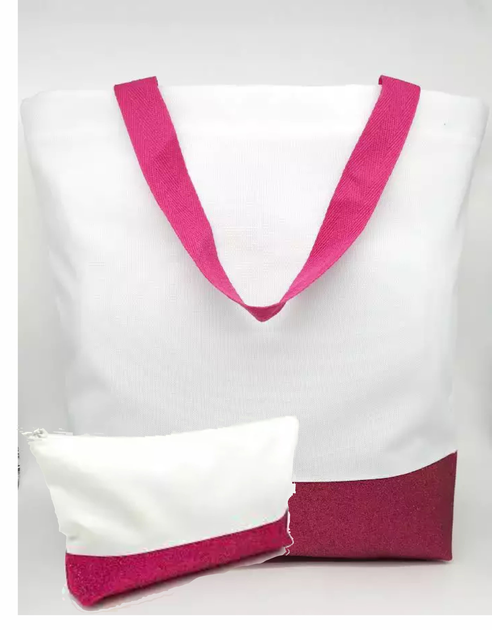 Kit Sacola Ecológica 31 x 32 x 7 cm + Necessaire em Poliéster com Base Glitter Pink 24 x 15 cm – PERSONALIZADO